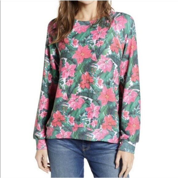 Wildfox Poinsettia Floral Christmas Sweater S Oversized Top Flower Muted NWT - Picture 6 of 6